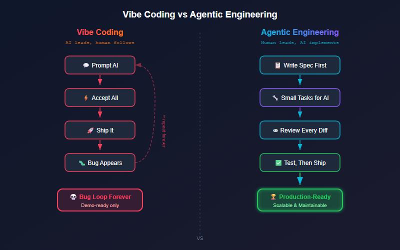 Vibe Coding vs Agentic Engineering workflow comparison