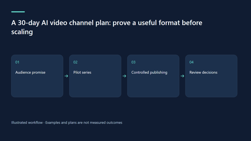 Audience promise → Pilot series → Controlled publishing → Review decisions