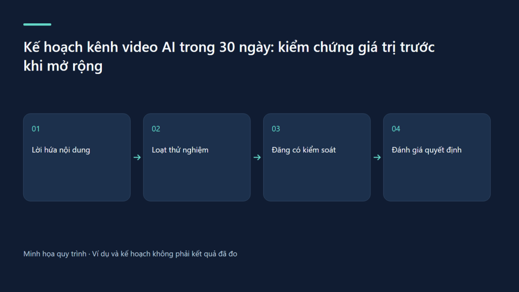 Lời hứa nội dung → Loạt thử nghiệm → Đăng có kiểm soát → Đánh giá quyết định