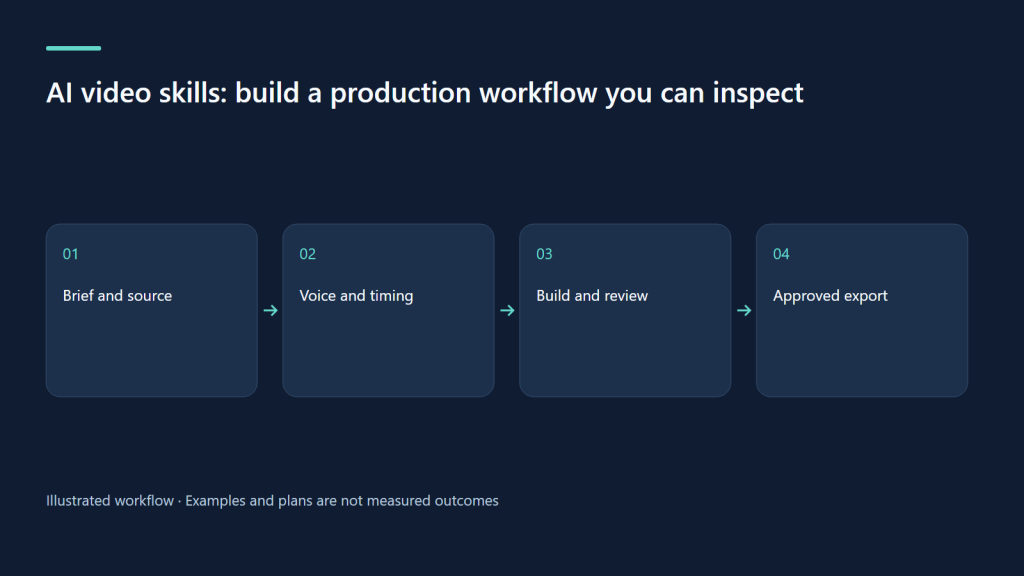 Brief and source → Voice and timing → Build and review → Approved export