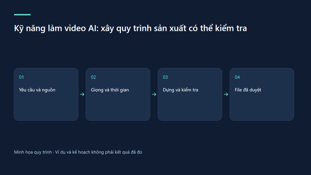 Yêu cầu và nguồn → Giọng và thời gian → Dựng và kiểm tra → File đã duyệt