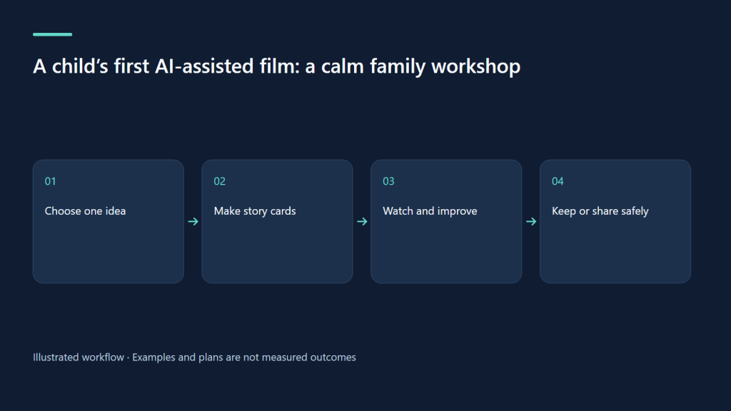 Choose one idea → Make story cards → Watch and improve → Keep or share safely