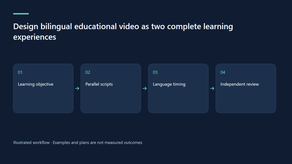 Learning objective → Parallel scripts → Language timing → Independent review