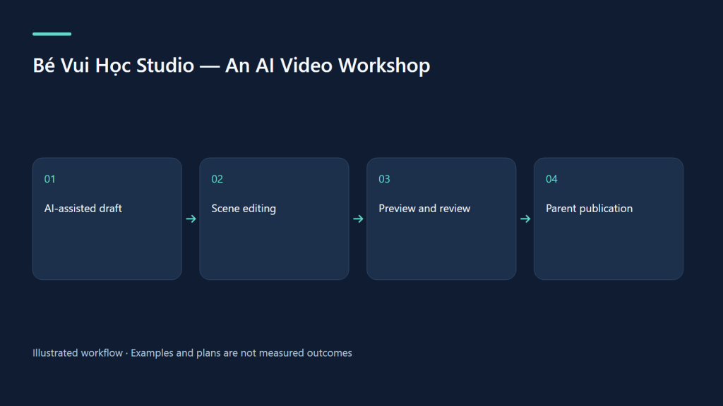 AI-assisted draft → Scene editing → Preview and review → Parent publication