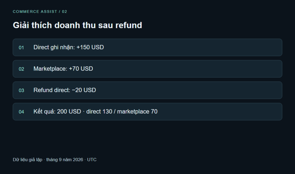 Giải thích doanh thu sau refund. Direct ghi nhận: +150 USD · Marketplace: +70 USD · Refund direct: −20 USD · Kết quả: 200 USD · direct 130 / marketplace 70. Dữ liệu giả lập · tháng 9 năm 2026 · UTC