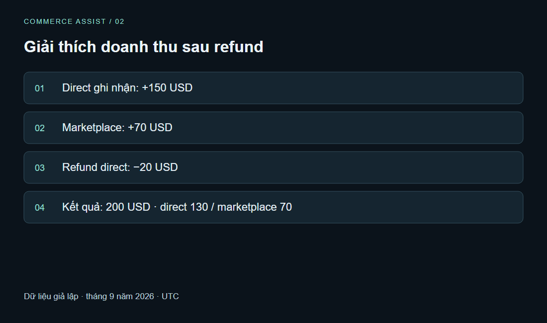 Giải thích doanh thu sau refund. Direct ghi nhận: +150 USD · Marketplace: +70 USD · Refund direct: −20 USD · Kết quả: 200 USD · direct 130 / marketplace 70. Dữ liệu giả lập · tháng 9 năm 2026 · UTC