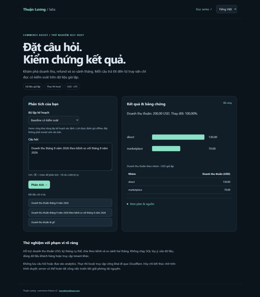 Demo Commerce Assist tiếng Việt: câu hỏi, plan có kiểm soát, doanh thu 200 USD, bảng và chart theo kênh.