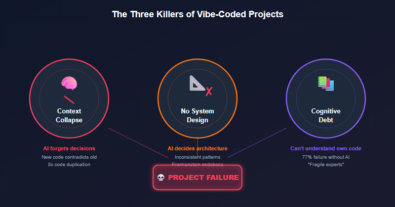 The Three Killers: Context Collapse, No System Design, and Cognitive Debt converging