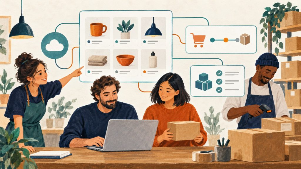 Minh họa phần mềm doanh nghiệp kết nối danh mục, nội dung và quy trình xử lý đơn hàng.