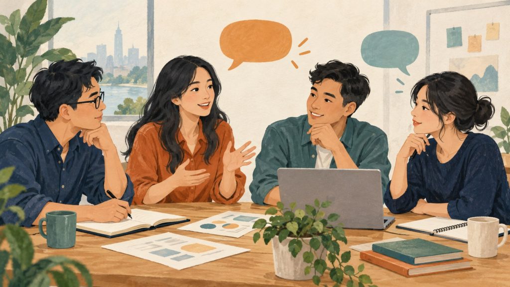 Engineers exchanging ideas in a meeting, illustrating workplace English communication.