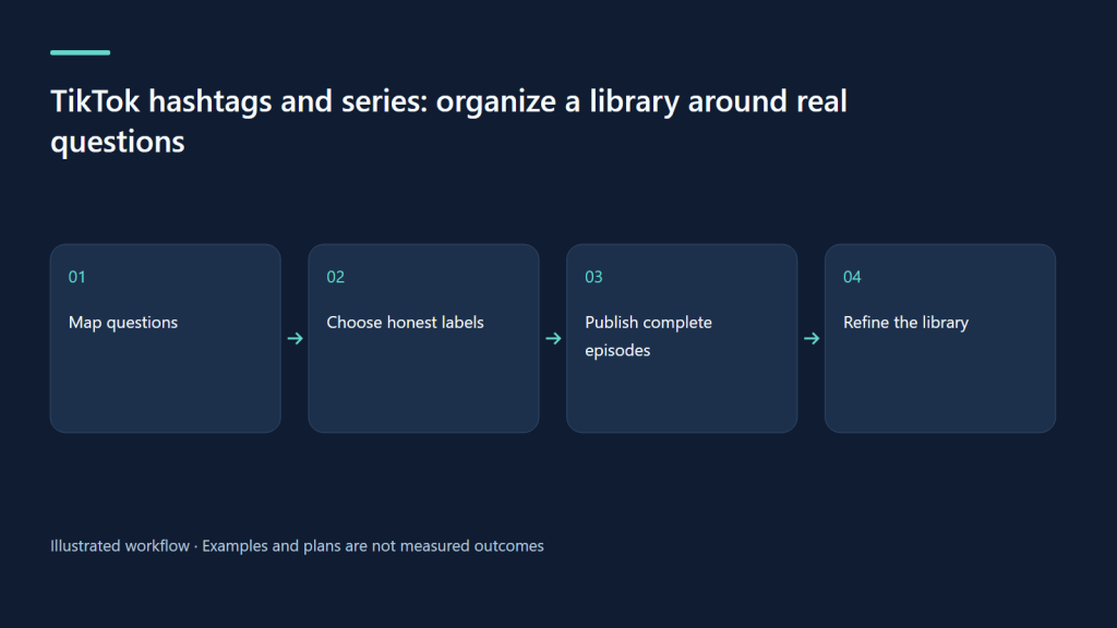 Map questions → Choose honest labels → Publish complete episodes → Refine the library