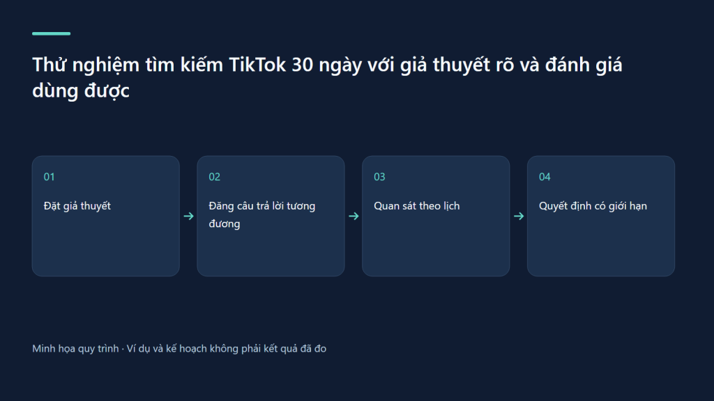 Đặt giả thuyết → Đăng câu trả lời tương đương → Quan sát theo lịch → Quyết định có giới hạn